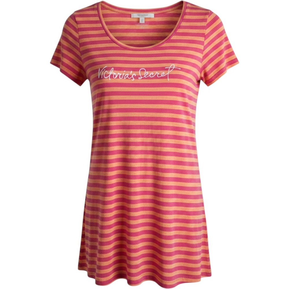 Vintage Victoria's Secret Sleep Shirt Women Medium Pink Orange Striped Logo Y2K